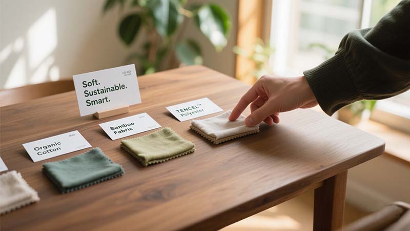 hand touching sustainable fabric samples