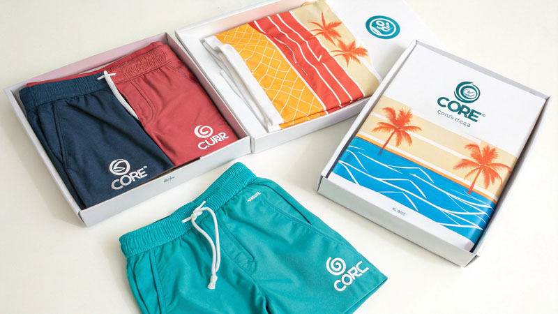Core branded packaging elements beach shorts