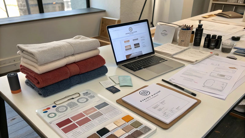 startup towel samples, branding, first stock