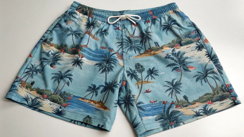 Seam matching full-print beach shorts