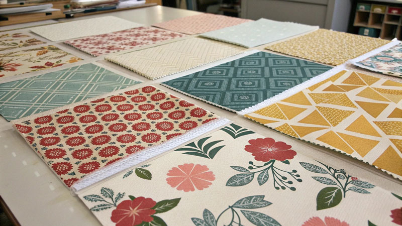 printed and woven design fabric swatches