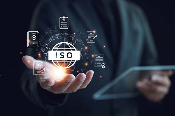 iso standards quality control, certification and standardization process, iso certified business, conformity to international standards and quality assurance concept. person show certificate icon